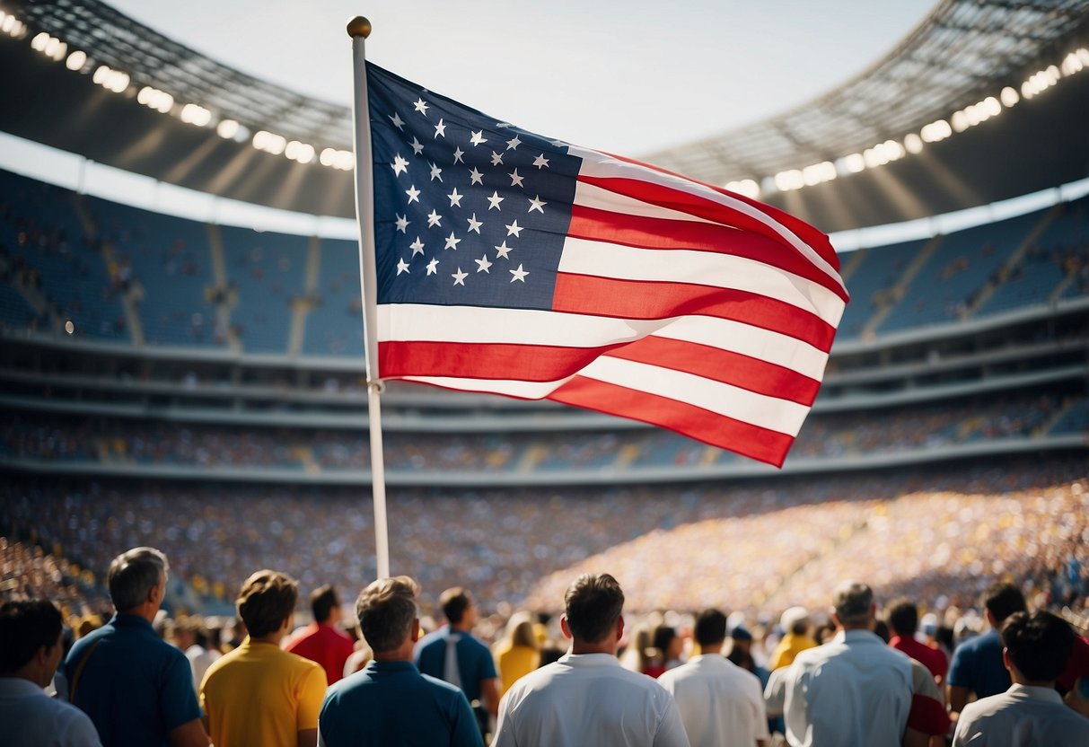 The Olympic flag is handed over in a grand ceremony at the Los Angeles stadium, surrounded by cheering crowds and colorful banners