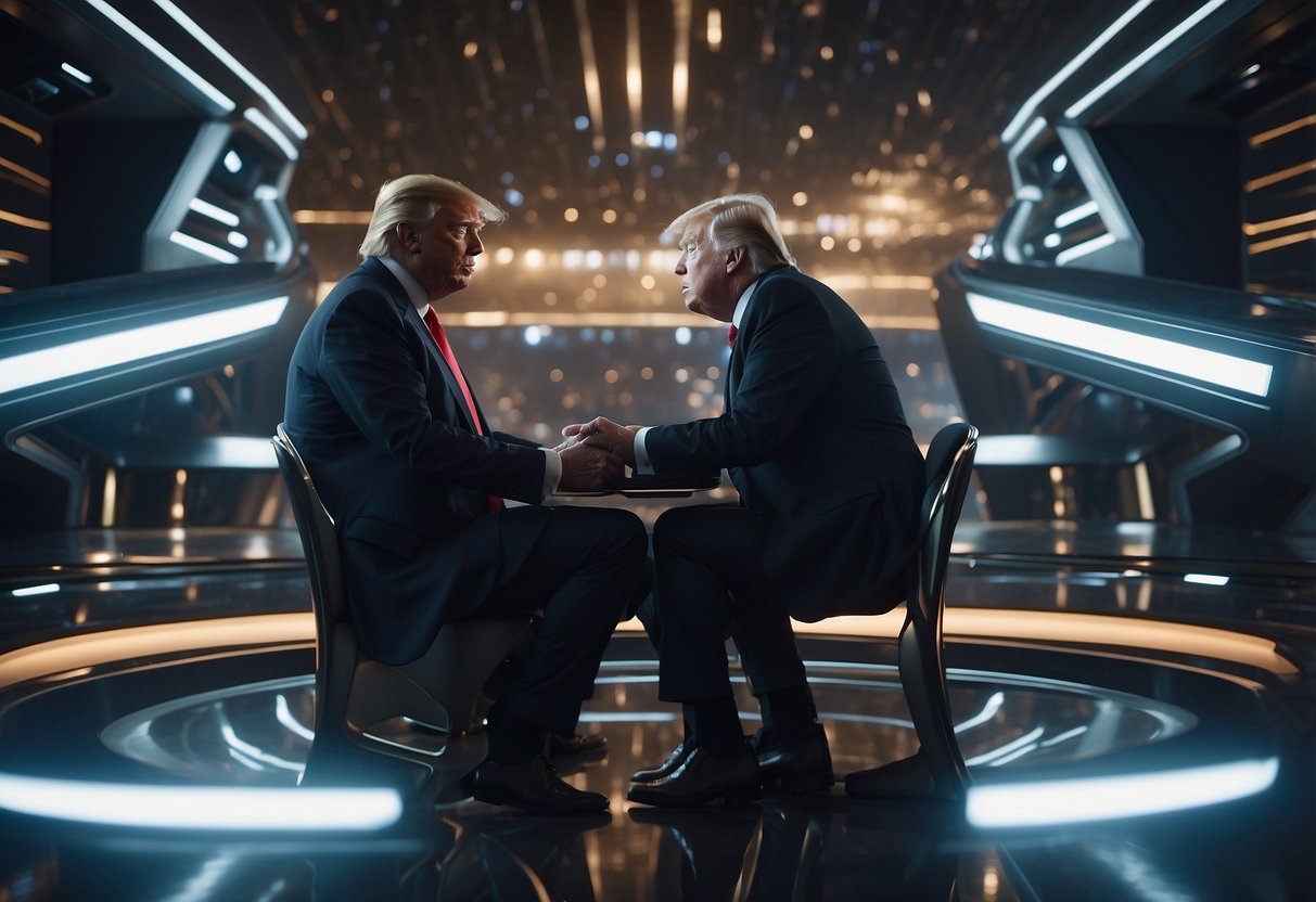 Musk and Trump converse on X, surrounded by futuristic technology and a bustling atmosphere