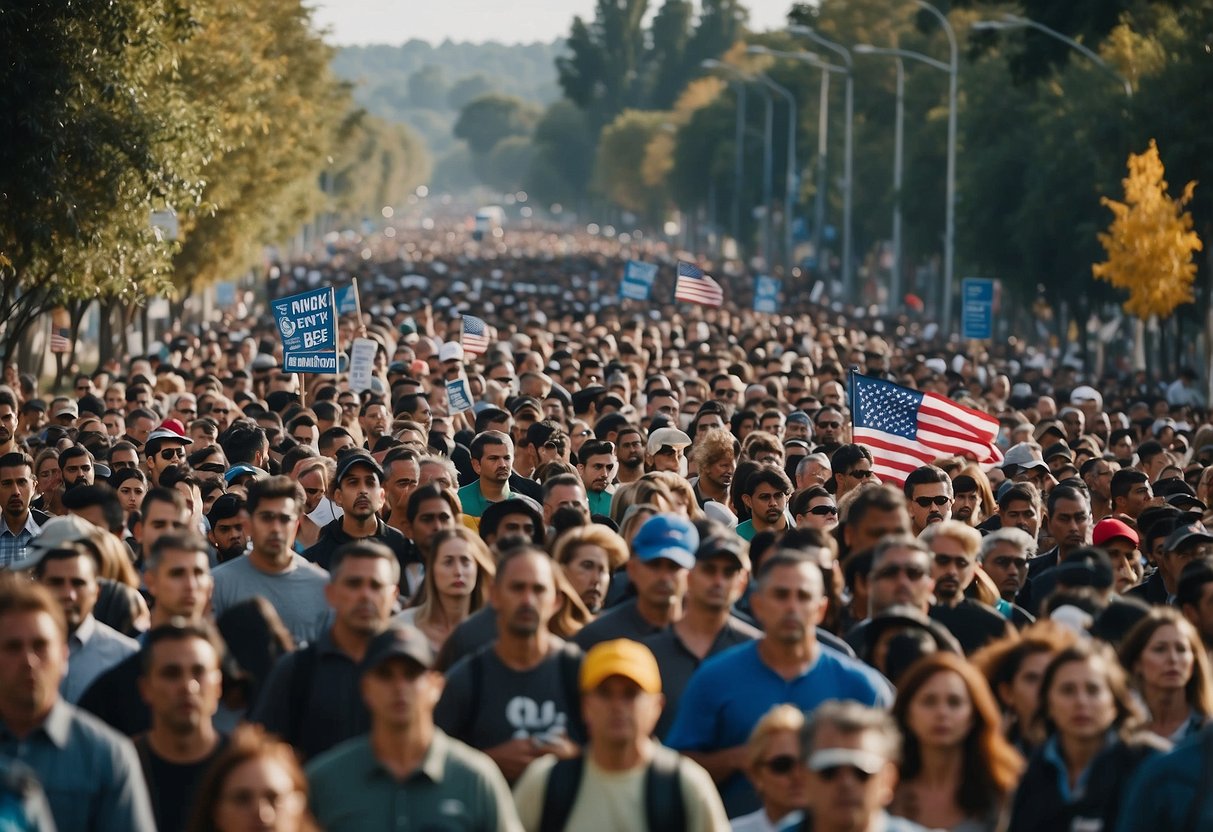 A crowded border with people seeking entry, while others protest against immigration