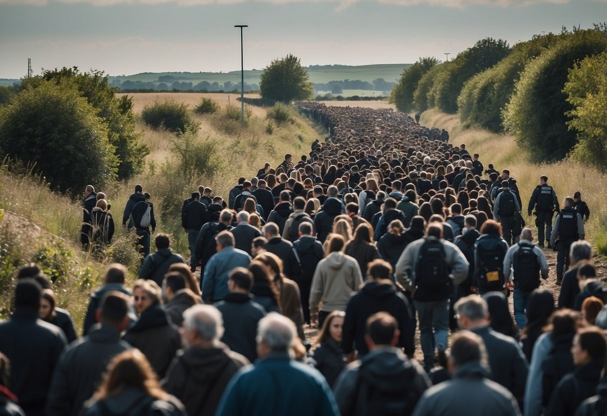 A crowded border with people crossing illegally into the UK while authorities patrol and monitor the situation