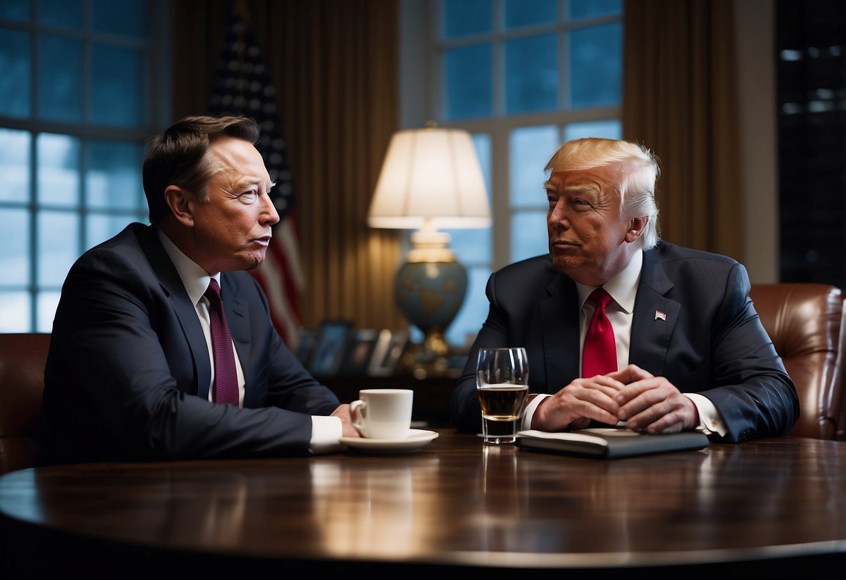 Elon Musk and Donald Trump engage in conversation, seated at a table in a dimly lit room. Papers and electronic devices are scattered across the table, while a globe and American flag stand in the background