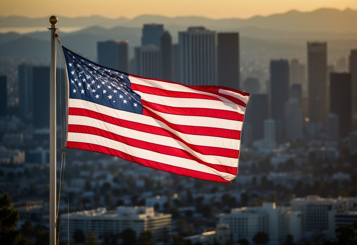 The Olympic flag flies high above the Los Angeles skyline, surrounded by cheering crowds and colorful banners