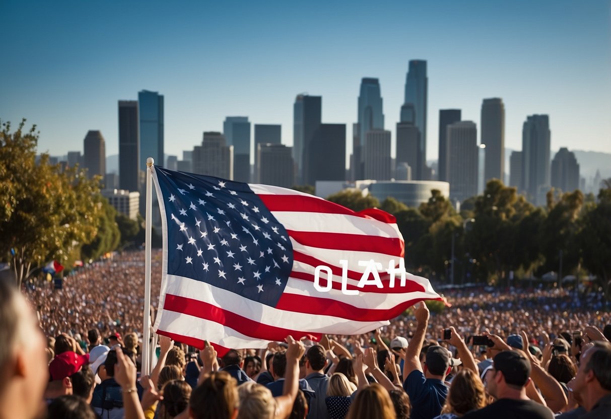 The Olympic flag is ceremoniously returned to Los Angeles, with the city's iconic skyline in the background and a crowd of onlookers cheering in the foreground