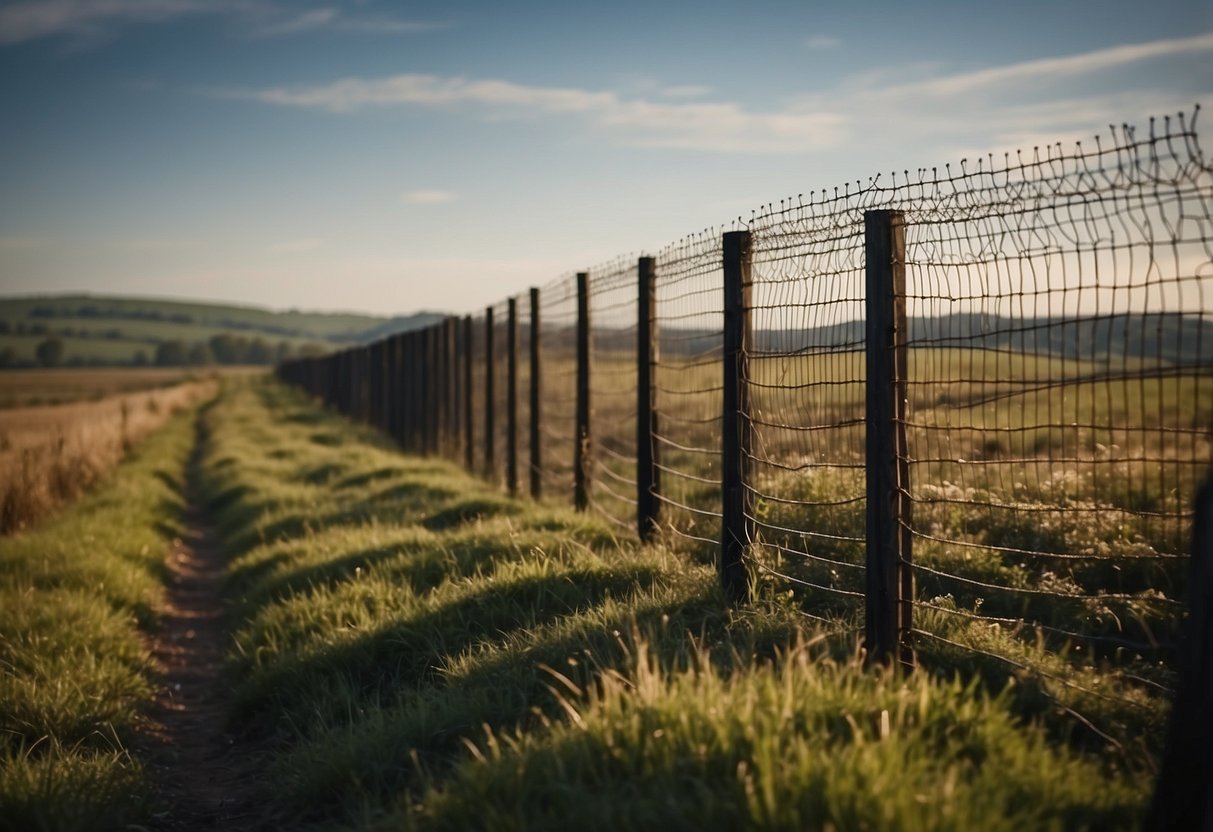 A border fence separates a bustling city from a rural landscape, symbolizing the divide between the two sides of the illegal immigrant situation in the UK