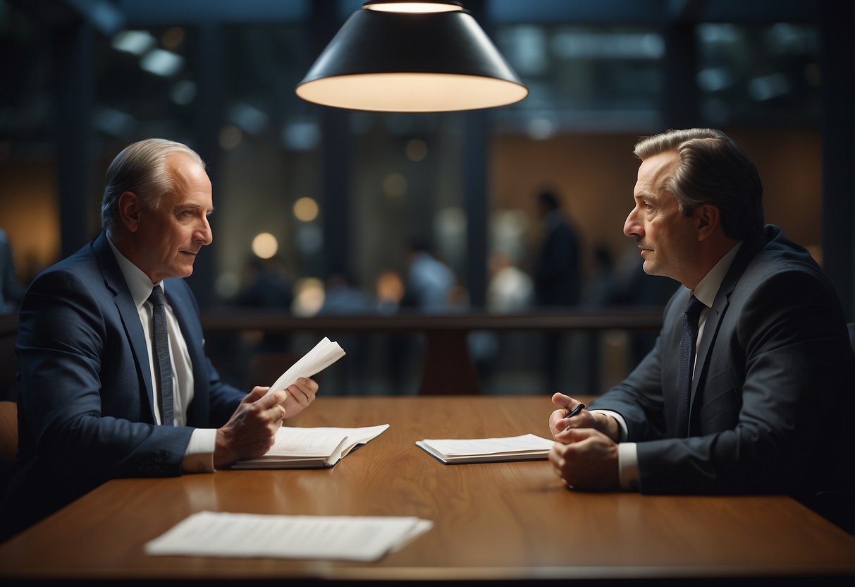 Two figures sit across from each other at a table, engaged in intense conversation. Papers and documents are scattered around them as they discuss Government and Policy issues