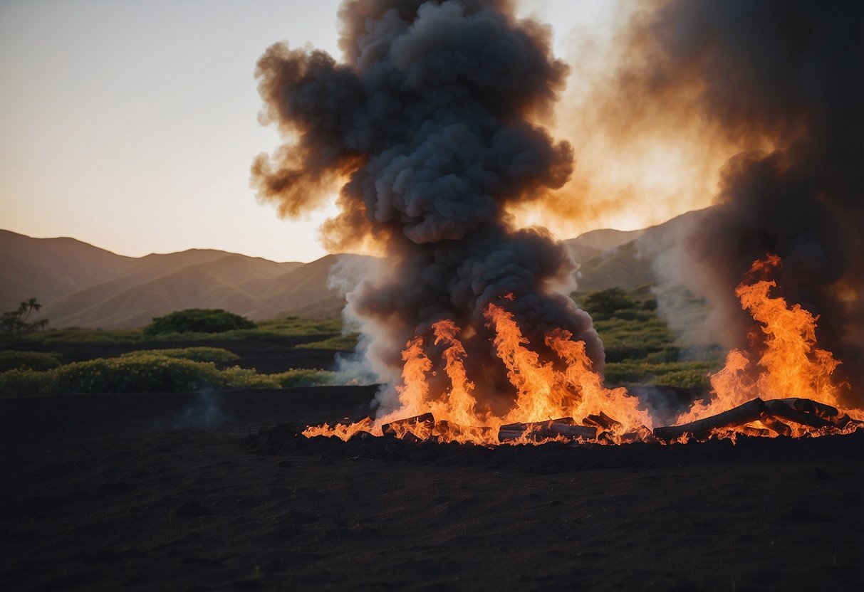 The Maui landscape engulfed in flames, with smoke billowing into the sky. People gather, discussing theories of intentional arson